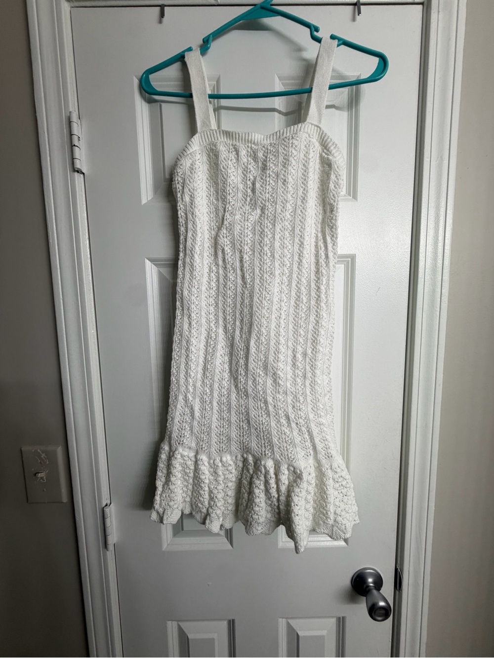 White Knit Ruffle-Hem Midi Dress